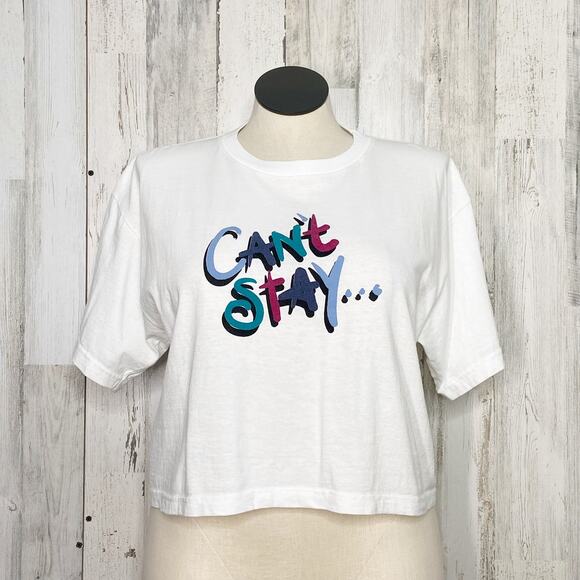 Vintage Danskin Can't Stay...Gotta Run! Graphic Tee White Crop 90s Gym Size L - Picture 7 of 7